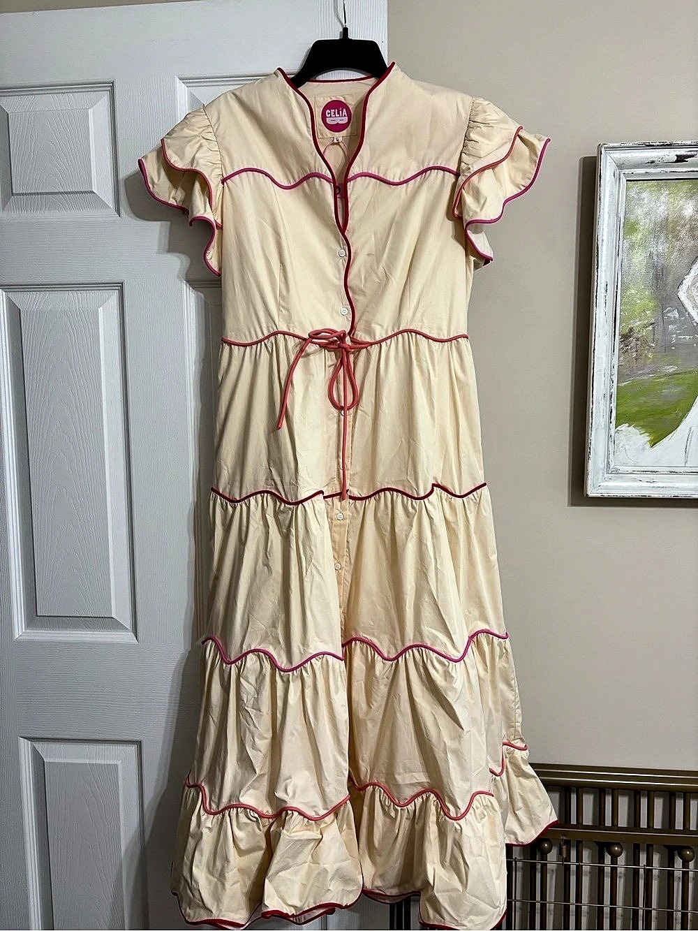 Celia B Cream Ruffle Maxi Dress Pink Red Trim Size L